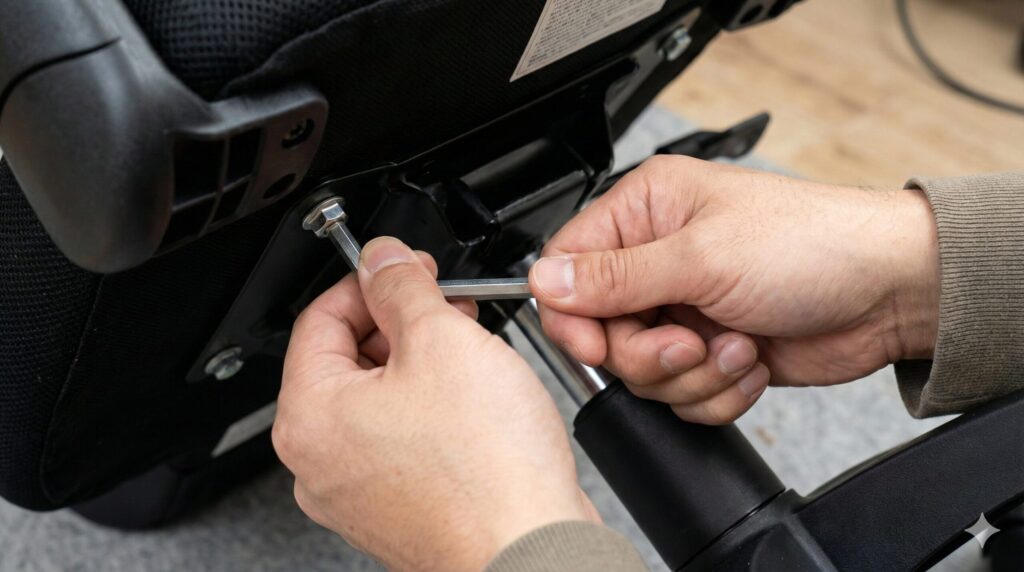 六角レンチを使ってデスクチェア座面裏のボルトを増し締めするメンテナンス作業の様子。