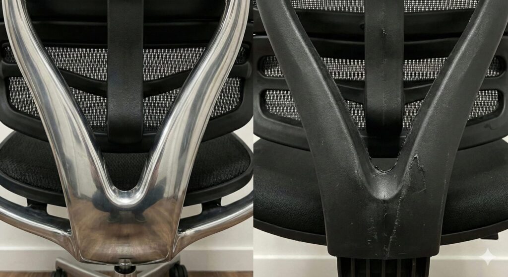 エルゴヒューマンProの背面にある光沢のあるV字型アルミダイキャストフレームと、模倣品の安っぽい黒色プラスチック製フレームのクローズアップ比較写真。金属の質感と樹脂の質感の違いが明確に分かる。