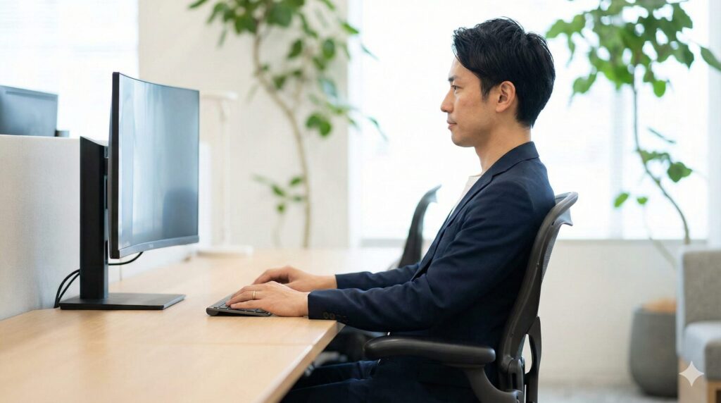 人間工学に基づき、ヘッドレストなしで背骨を自然なS字に保ちデスクワークを行う様子。