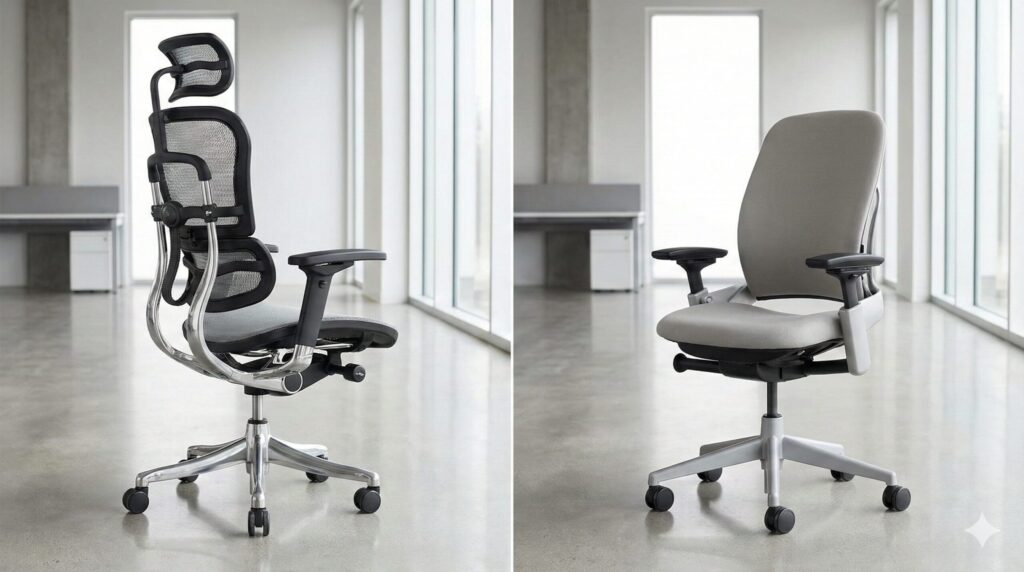 左側に多機能でメカニカルなエルゴヒューマンPro2、右側にシンプルで流線型のスチールケースLeap V2が並んだ比較写真。設計思想の違いを視覚的に表現。