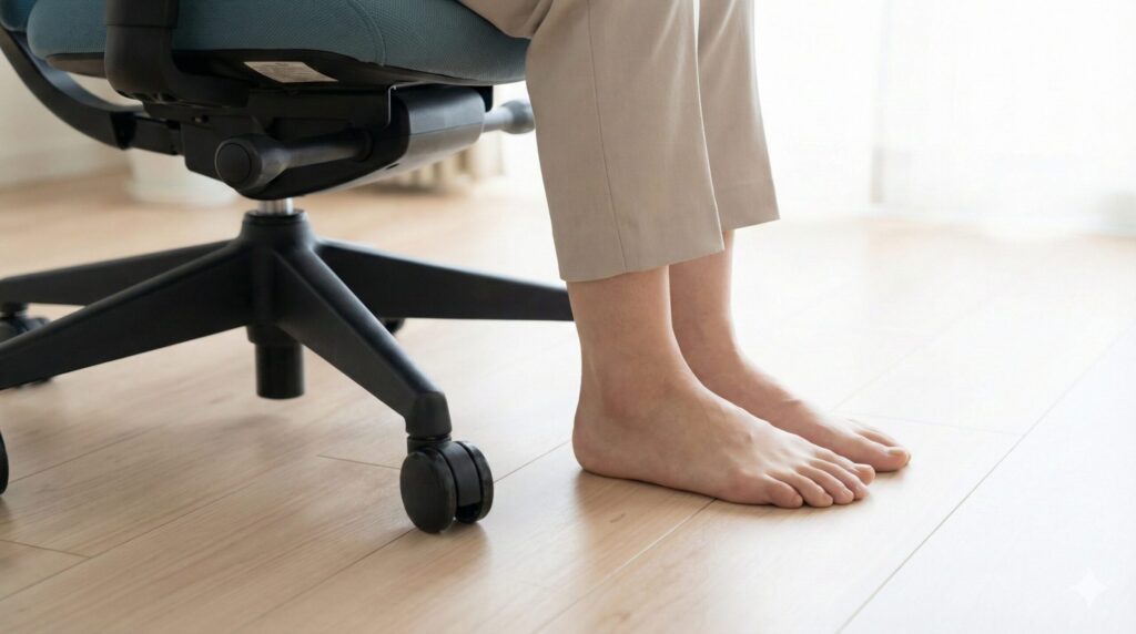 オフィスチェアの座面高さを適切に調整し、足の裏が床にしっかりとついている日本人女性の足元のクローズアップ写真。