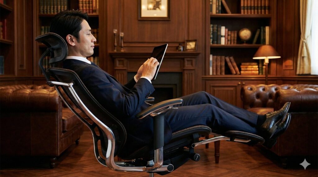 重厚な書斎で、オカムラ・コンテッサ セコンダチェアに深くリクライニングし、リラックスしてタブレットを見る日本人男性。