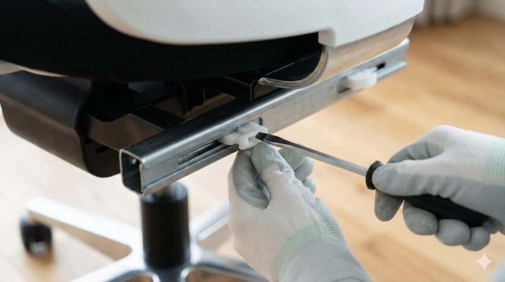 セイルチェアの座面を取り外すためにマイナスドライバーで白いプラスチックストッパーを外す様子