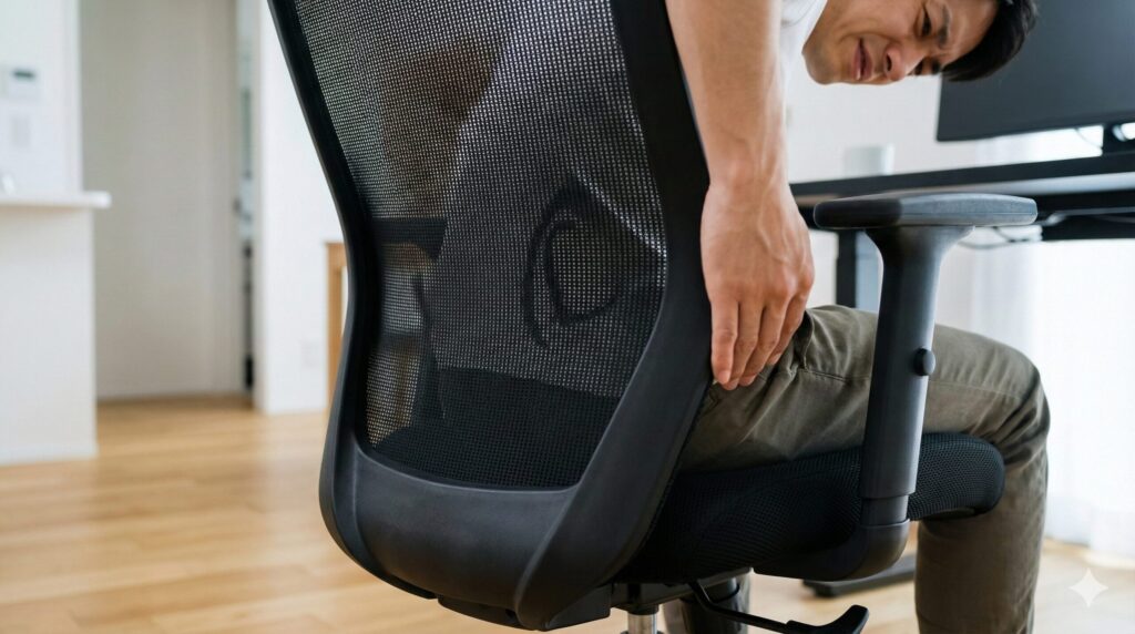 メッシュ座面の硬さや張力を確認しながら、座り心地を確かめるスリムな体型の日本人男性