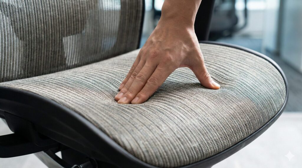 コンテッサのメッシュ座面の張りと反発力を確認する様子。硬さや座り心地の構造的な理由を解説。