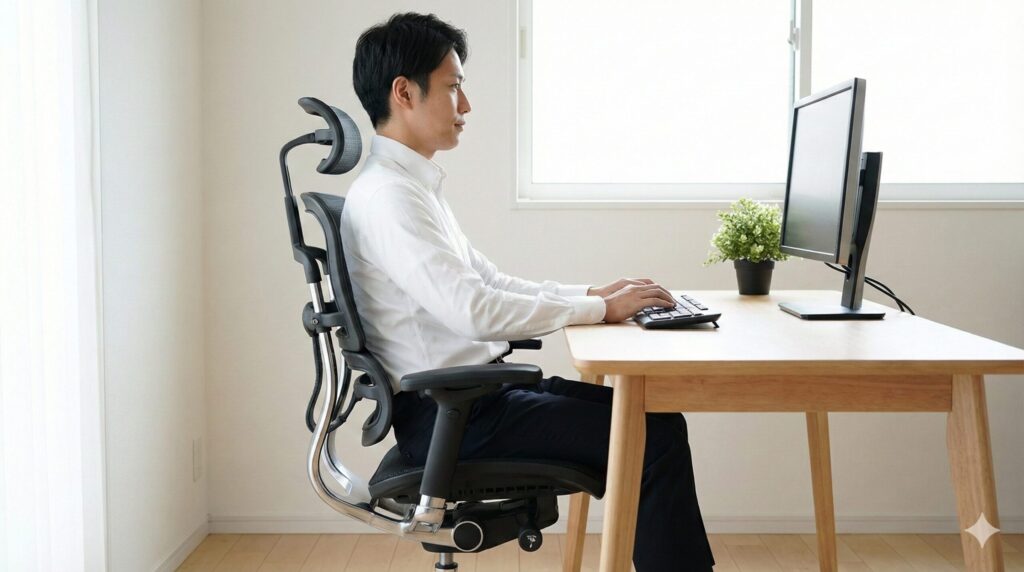 エルゴヒューマン エンジョイ2の前傾チルト機能を使用し、座面が前方に傾いた状態で正しい姿勢を保ちながらデスクワークに集中している様子。