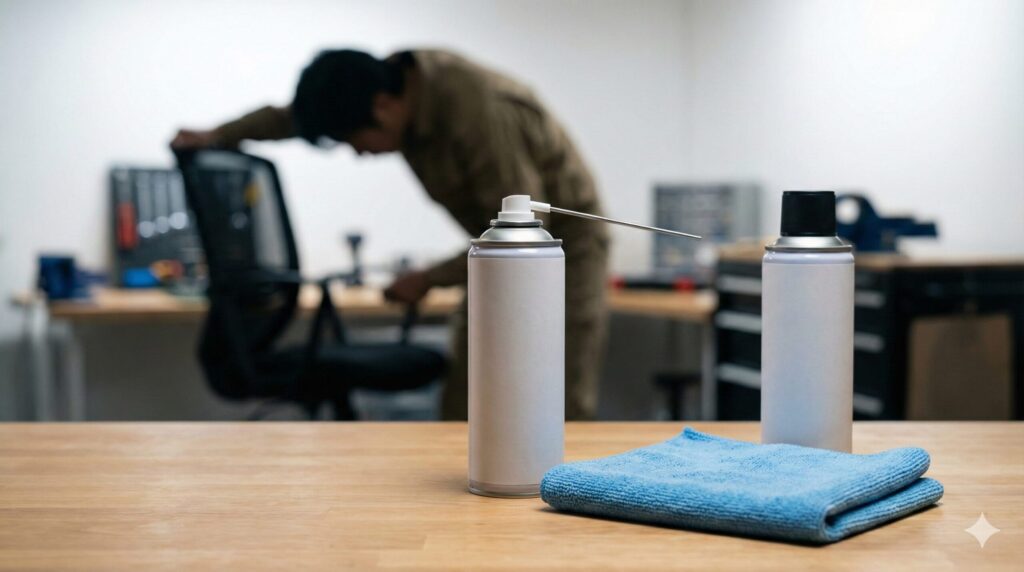 デスクチェアの異音解消に使用するシリコンスプレーとグリススプレー、メンテナンス用品一式。