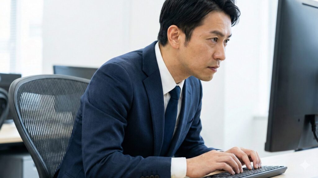 前傾チルト機能を活用し、頭の重心が安定した状態で集中してタイピングを行うビジネスパーソン。
