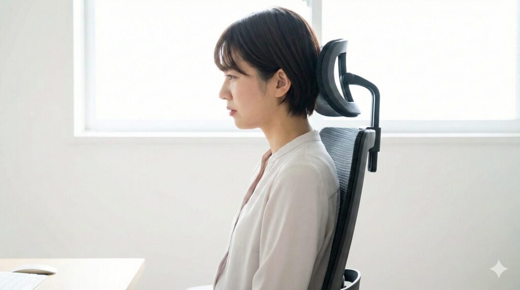 オフィスチェアのヘッドレストの位置が高すぎて、後頭部ではなく頭頂部に当たってしまい、姿勢が崩れている日本人女性の横顔。