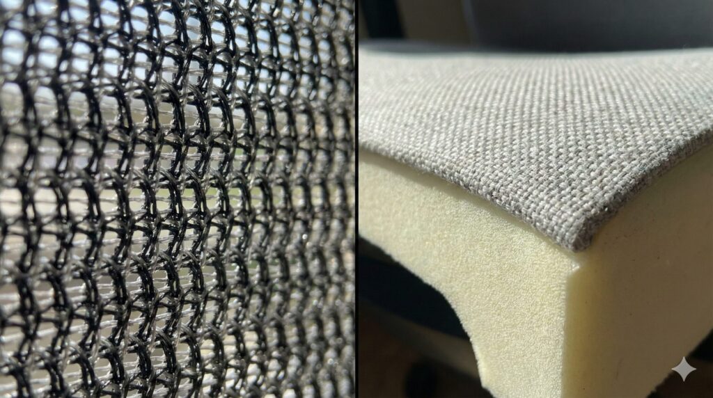 左半分はエルゴヒューマンの通気性の良いメッシュ素材の拡大写真、右半分はスチールケースのクッション性のあるファブリックとウレタンフォームの拡大写真。