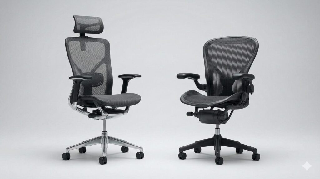 比較検討のために並べられた、エルゴヒューマンとアーロンチェアを彷彿とさせる2台の高級デスクチェア。
