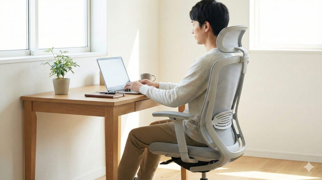 自宅のリビングに届いたレンタル品のオカムラシルフィーでデスクワークをする日本人男性