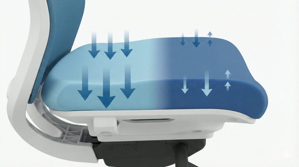 オカムラシルフィーの背もたれ側面にある「バックカーブアジャスト」レバーを、日本人男性の手が調整している様子を写したクローズアップ写真。