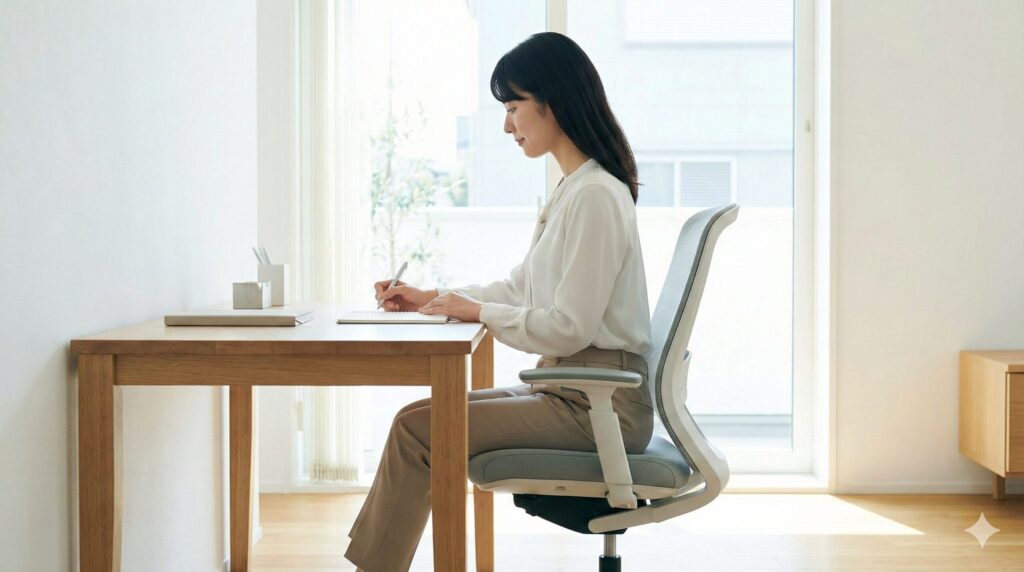 オカムラシルフィーの前傾チルト機能を使って、背筋を伸ばした集中スタイルで書き仕事をする日本人女性。