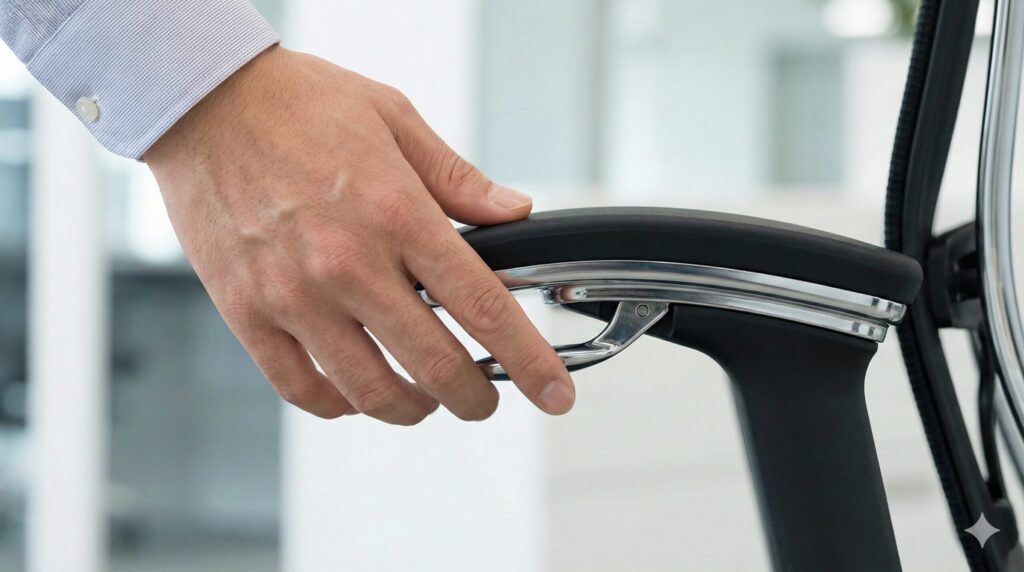 オカムラ・コンテッサ セコンダのアームレスト先端にある「スマートオペレーション」レバーを、座ったまま指先で簡単に操作する様子。