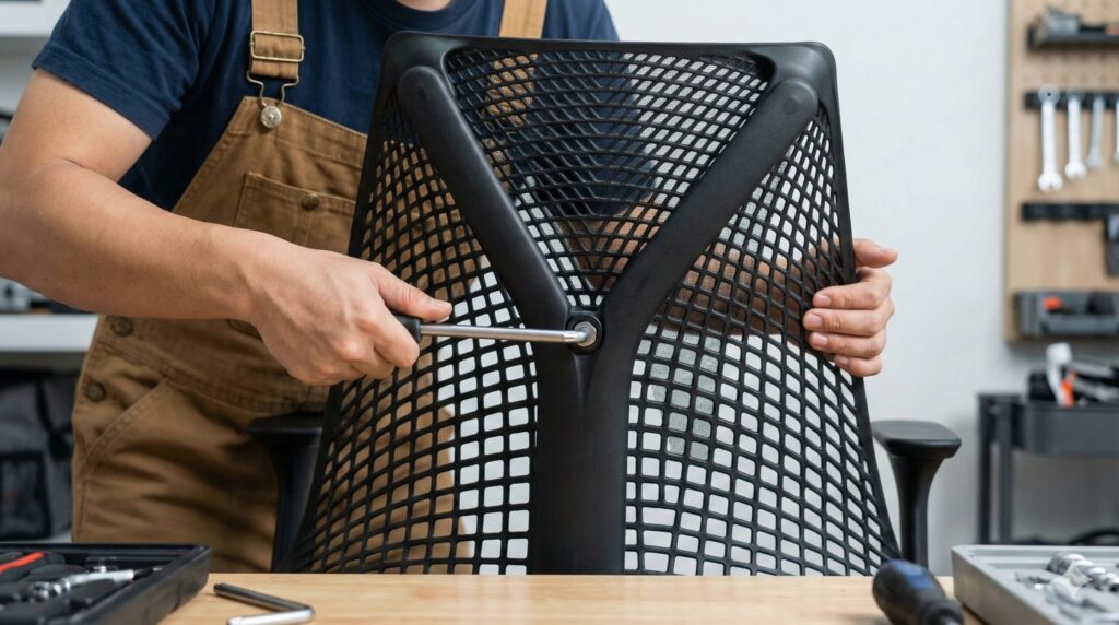 T40トルクスレンチを使用してセイルチェアのYタワー（背もたれ）固定ボルトを取り外す作業