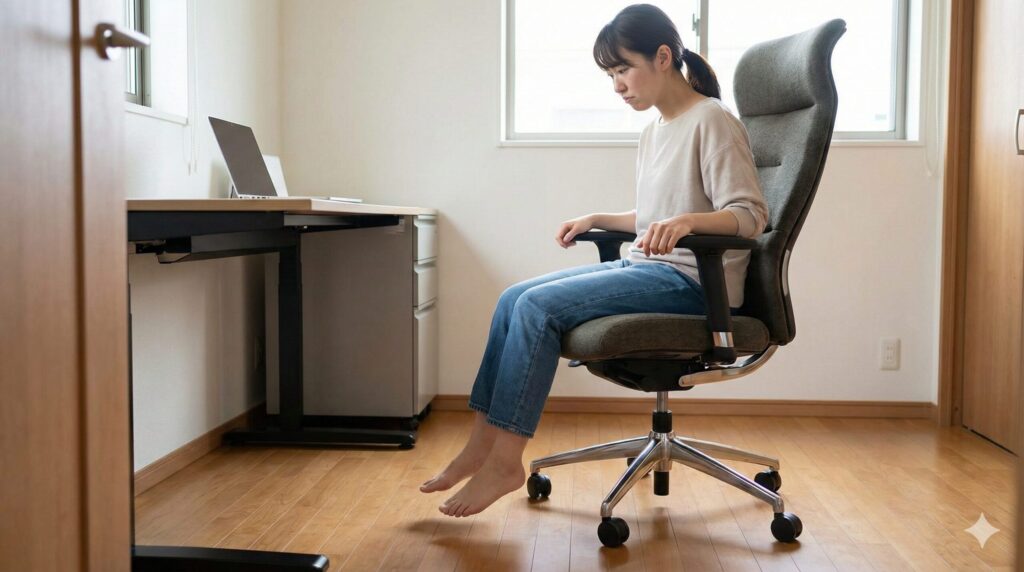 自宅で靴を脱いでエルゴヒューマンに座った際、足が床に届かない状態のシミュレーション