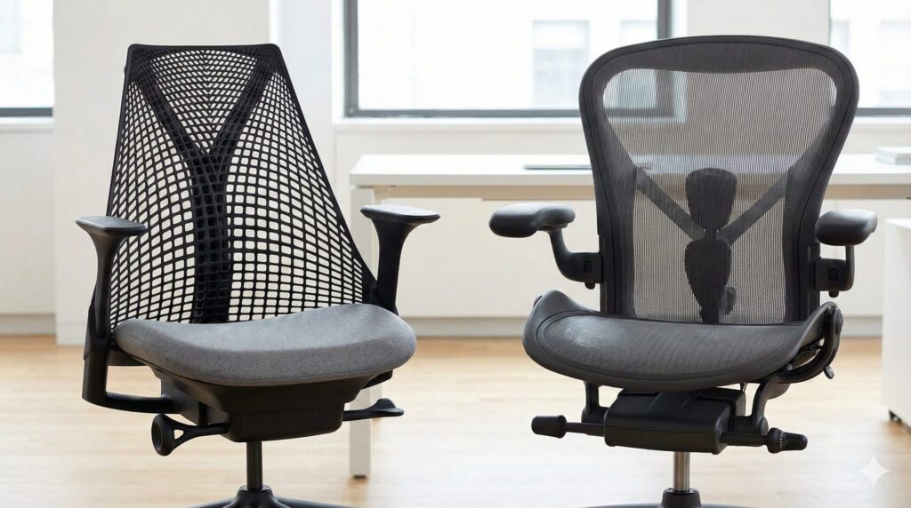 左側にウレタン座面のセイルチェア、右側にメッシュ座面のアーロンチェアを並べた比較写真。座面素材とデザインの違いが一目瞭然。