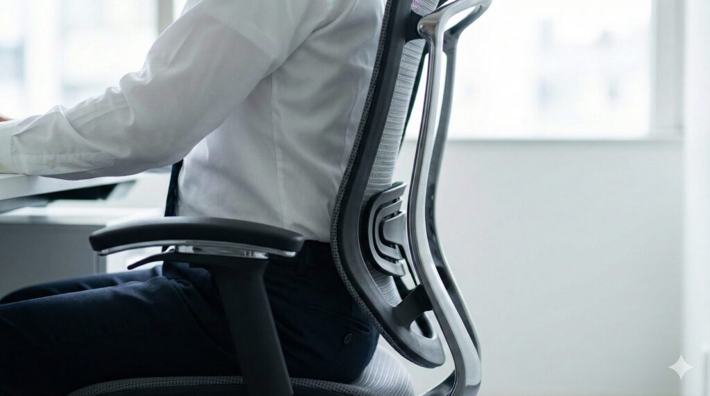 オフィスチェアのランバーサポートが腰に当たる様子。腰痛対策と背もたれのフィット感の重要性。