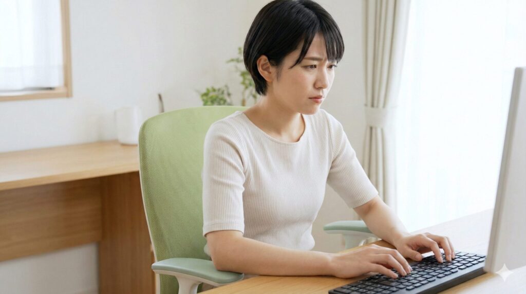 小柄な日本人女性がオカムラシルフィーに座り、アームレストの幅が広すぎて肘が置けず、脇が開いてしまっている様子。