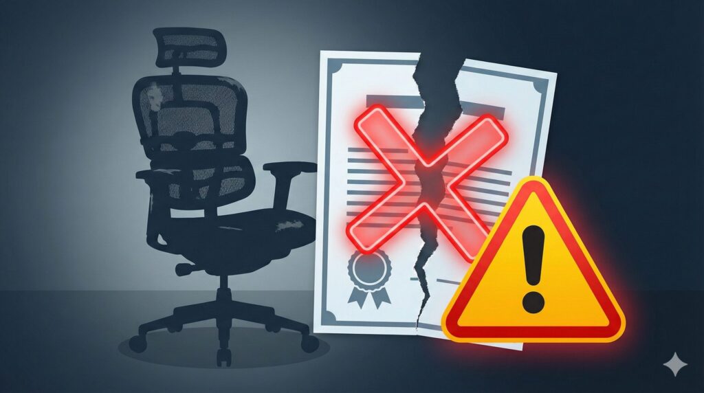 中古のエルゴヒューマンチェア購入に伴うリスク(保証書の無効化)を示す警告イラスト。