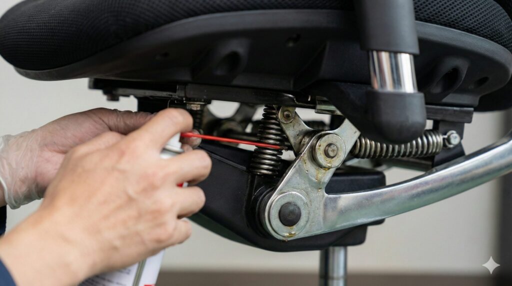 デスクチェアのリクライニングユニット可動部やスプリングに潤滑剤を注油する様子。