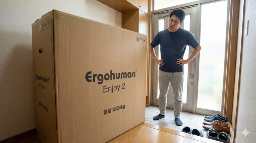 日本の一般家庭の玄関に届いた、エルゴヒューマン エンジョイ2が入った巨大な段ボール箱（約24kg）と、その大きさと重さに困惑して立ち尽くす男性の様子。