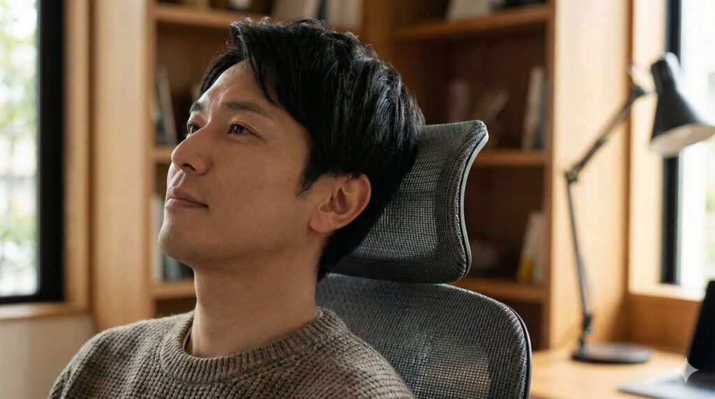 アーロンチェアのメッシュ素材と調和する、後付けヘッドレストに頭を預けてリラックスする様子。