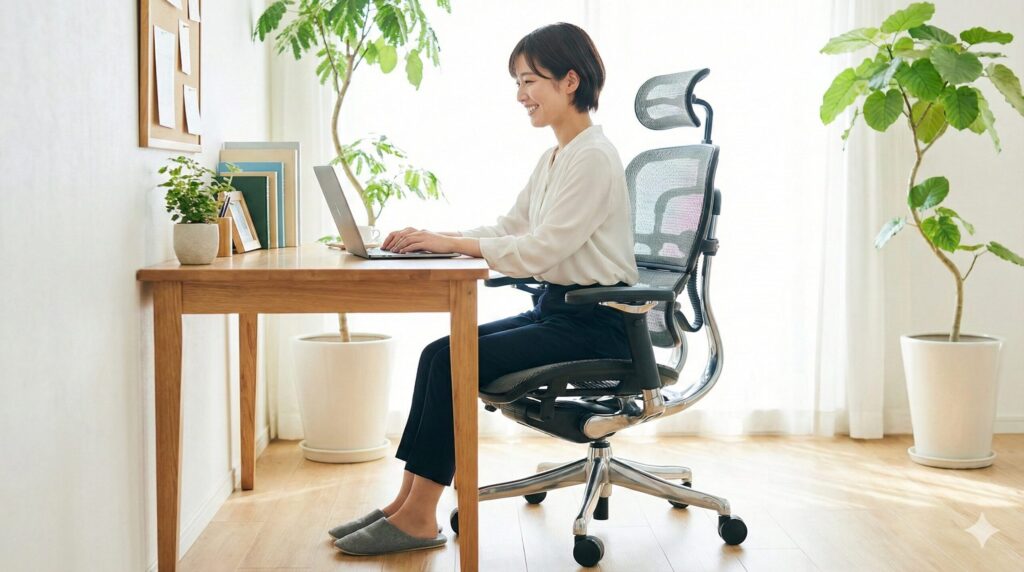 自分に合った高さのエルゴノミクスチェアに座り、足の裏をしっかりと床につけてリラックスした姿勢でPC作業をする日本人女性。