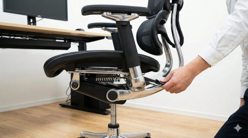 最新のエルゴヒューマンPro2が、座面が前に傾くチルト機能を作動させている状態の側面写真。複雑で精巧なメカニズム部分が強調され、高度な機能性を感じさせる。