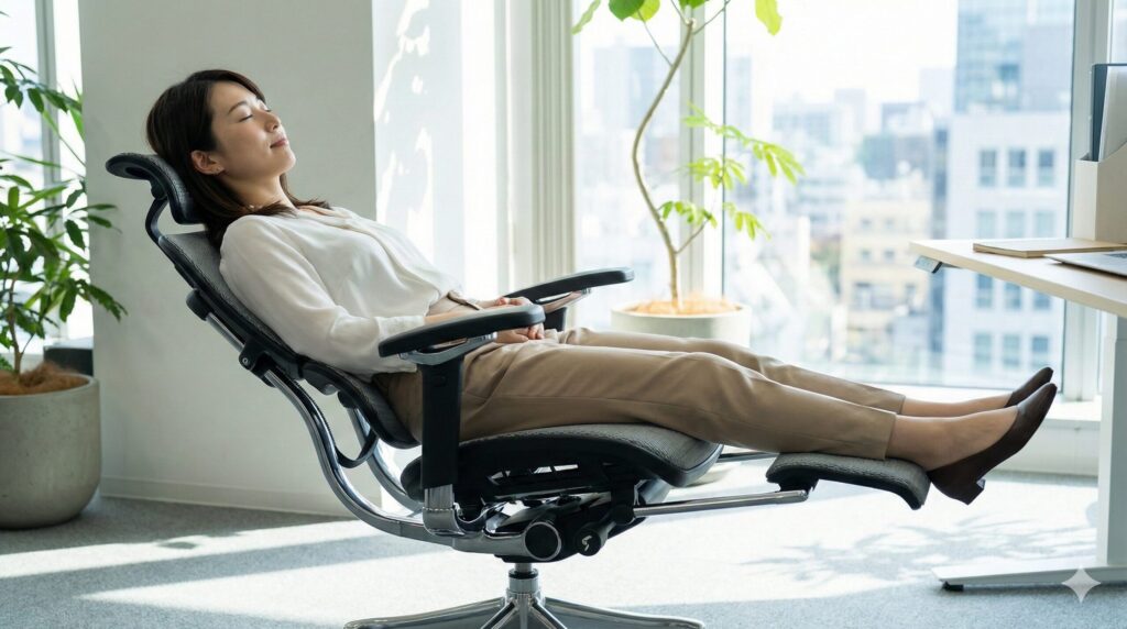 オフィスでエルゴヒューマンPro2のリクライニング機能とオットマンを使い、リラックスして仮眠をとっている日本人女性の様子。