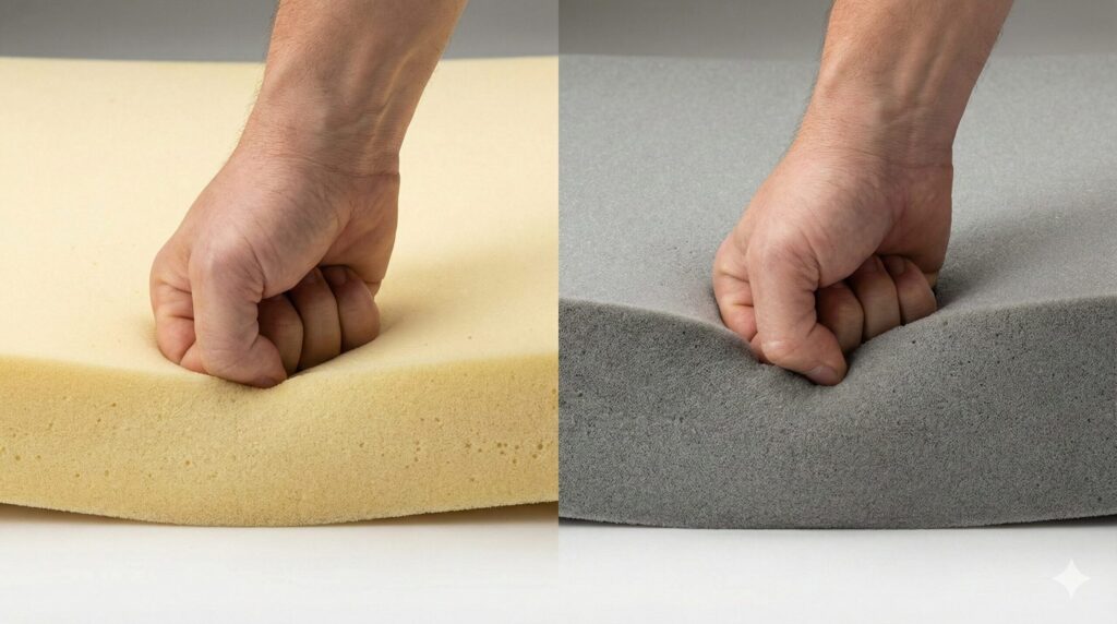 安価な低密度フォーム(左)と高級な高密度モールドウレタン(右)のクッション素材を拳で押し、弾力と反発力の違いを比較した写真。