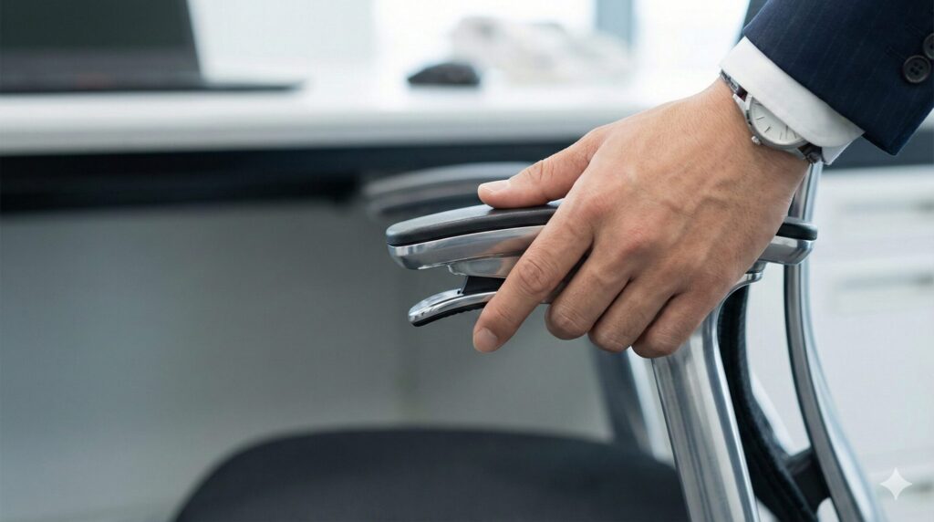 オカムラのコンテッサセコンダの肘掛け先端にあるスマートオペレーションレバーを、指先で操作している手元のクローズアップ写真。