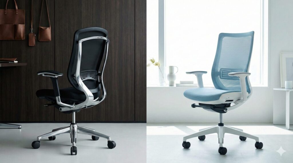 オカムラ・コンテッサ セコンダ(左、黒とシルバー)とフィノラ(右、白と水色)のデザイン比較。重厚感と軽快さの違いを並べて表示。