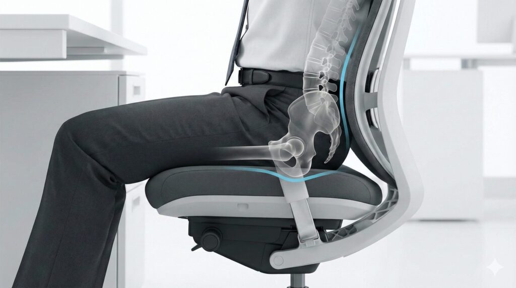 骨盤を安定させ理想的な姿勢を維持する、デスクチェアの腰痛対策サポート機能のイメージ。