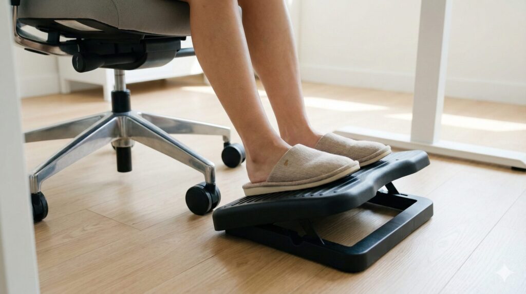 オフィスチェアに座る小柄なアジア人女性が、フットレストを使用して足裏をしっかりと床につけ、安定した姿勢を保っている足元の様子。