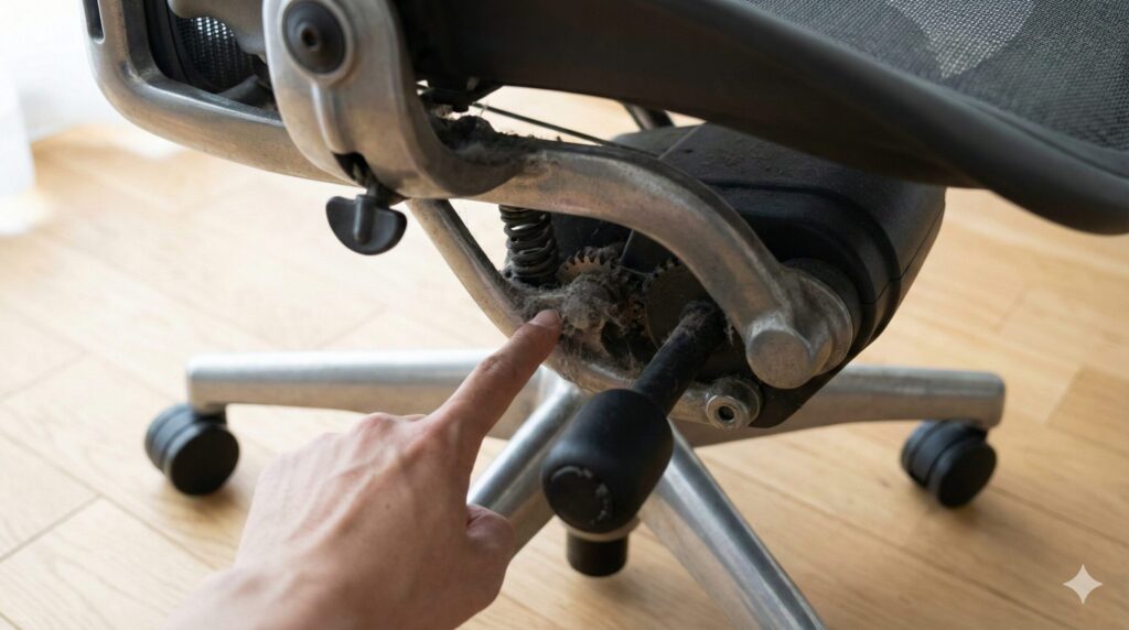 エルゴヒューマンの複雑な脚部メカニズムに溜まった埃とメンテナンスの難しさのイメージ