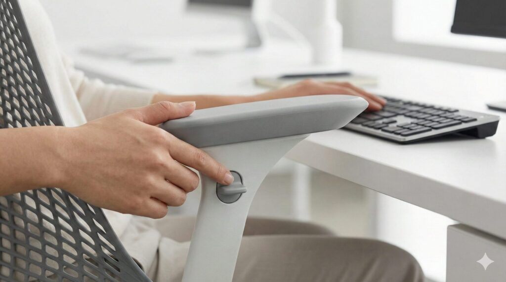 セイルチェアのフルアジャスタブルアームを調整している手元の様子。高さや角度を自由に変えられる機能性を示す。