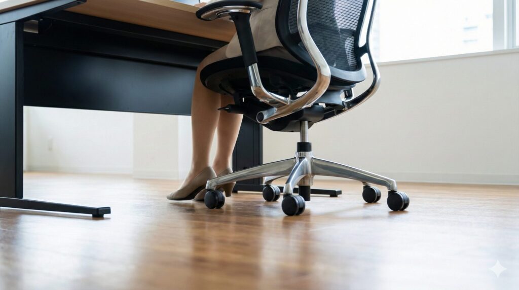 オフィスチェアの座面が高すぎて足が床にしっかりつかない様子。小柄な人の足つき問題の解説。