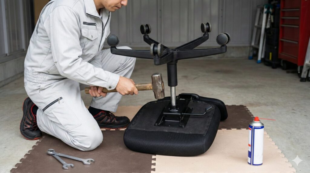 ガスシリンダー交換のためにハンマーを使用してデスクチェアを分解する際の安全な作業風景。