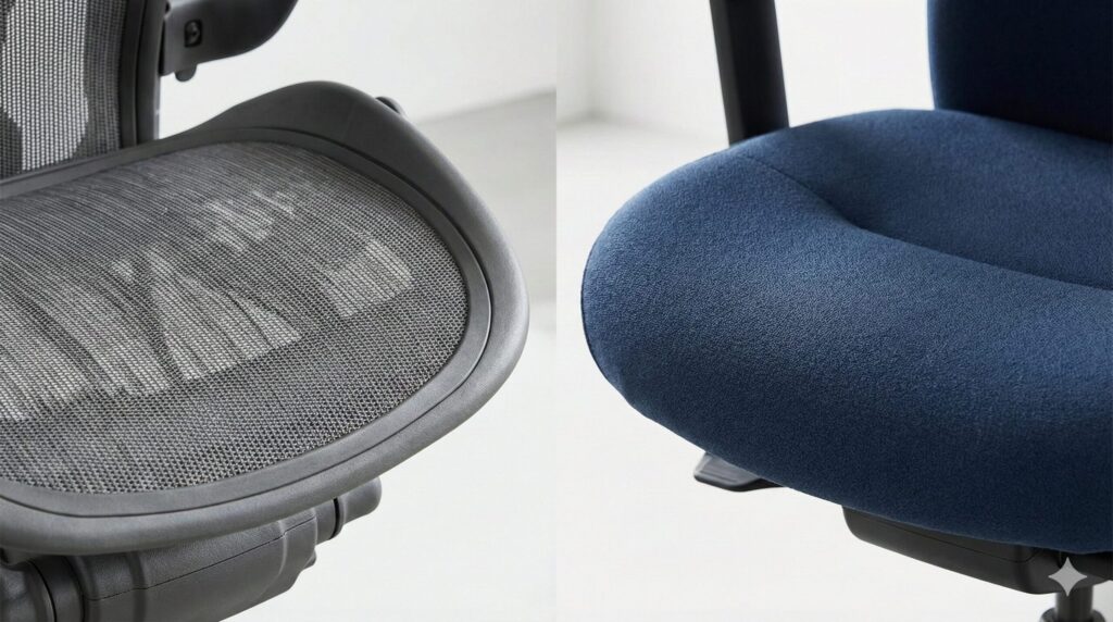 通気性の良いメッシュ素材の座面と、体圧を分散させる柔らかなクッション素材の座面を比較したイメージ画像。