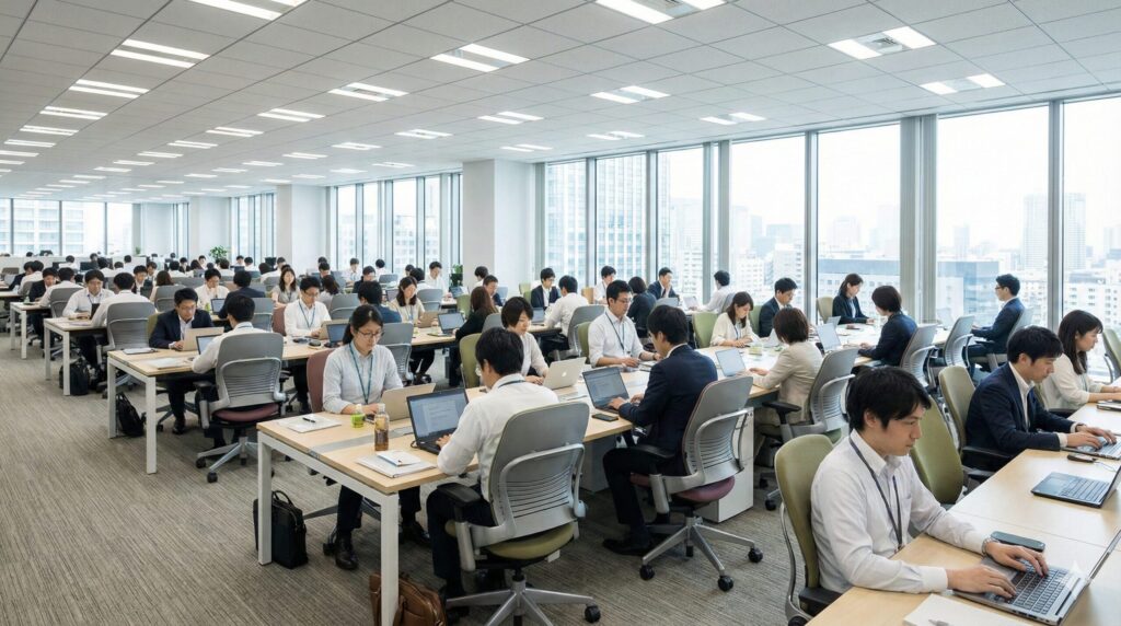 日本の大規模なオフィスで、多数の社員がスチールケースのLeap V2チェアに座って仕事をしている様子。耐久性と信頼性の高さを表現。