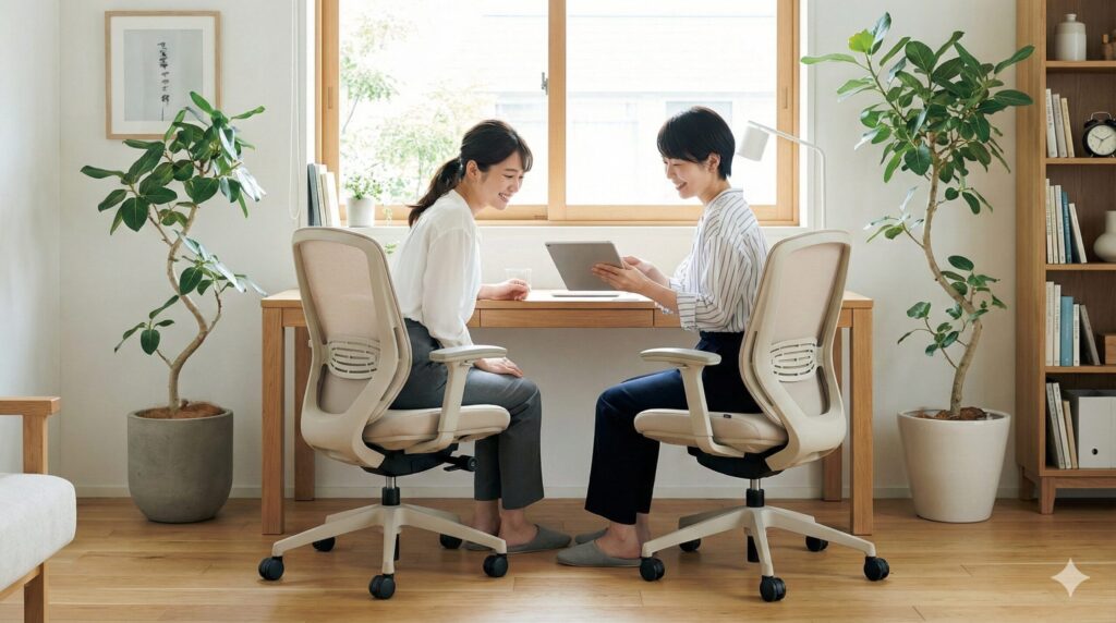 明るいベージュ色のオカムラ製オフィスチェア「シルフィー」に座り、おしゃれなホームオフィスでタブレットを見ながらリラックスする2人の日本人女性。