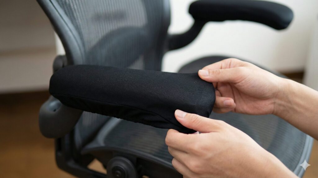 劣化やひび割れを防ぐために、チェアのアームレストに専用カバーを取り付けるメンテナンス。