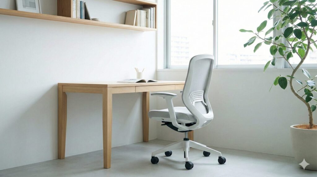 白い壁とナチュラルな木製家具で統一された明るいホームオフィスに、違和感なく溶け込んでいるホワイトボディのオカムラ シルフィー。