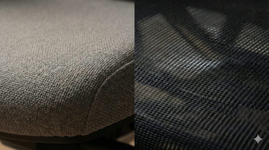 シルフィーの異硬度ウレタンクッションと、エルゴヒューマンのエラストメリックメッシュ座面の素材・質感の拡大比較。