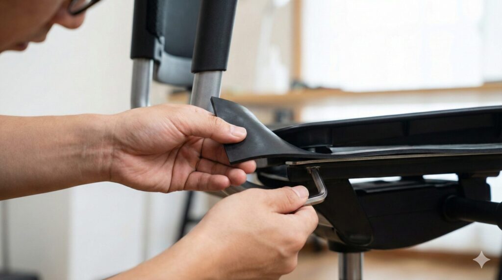 セイルチェアのきしみ音を解消するために接合部に緩衝用のゴムシートを挟む修理工程