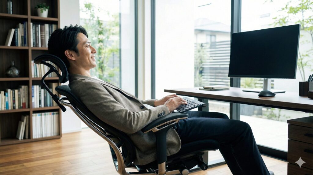 後傾姿勢でリラックスしながらPC作業をする日本人男性。コンテッサが得意とする作業スタイルのイメージ。