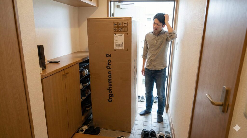 日本の狭い玄関に届いたエルゴヒューマン プロ2の巨大な梱包箱と、その大きさに困惑する男性。