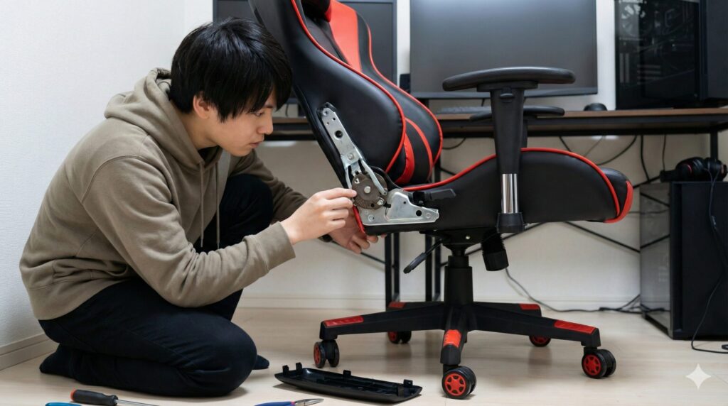 ゲーミングチェアの側面カバーを外し、リクライニング金具の不具合を確認する日本人。